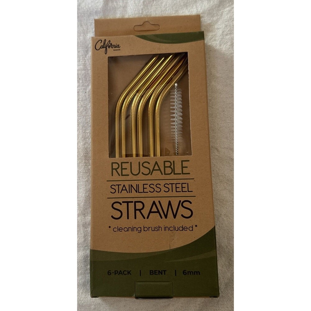 Reusable Bent Stainless Steel Straws 6 Pack With Cleaning Brush Gold Toned 6mm